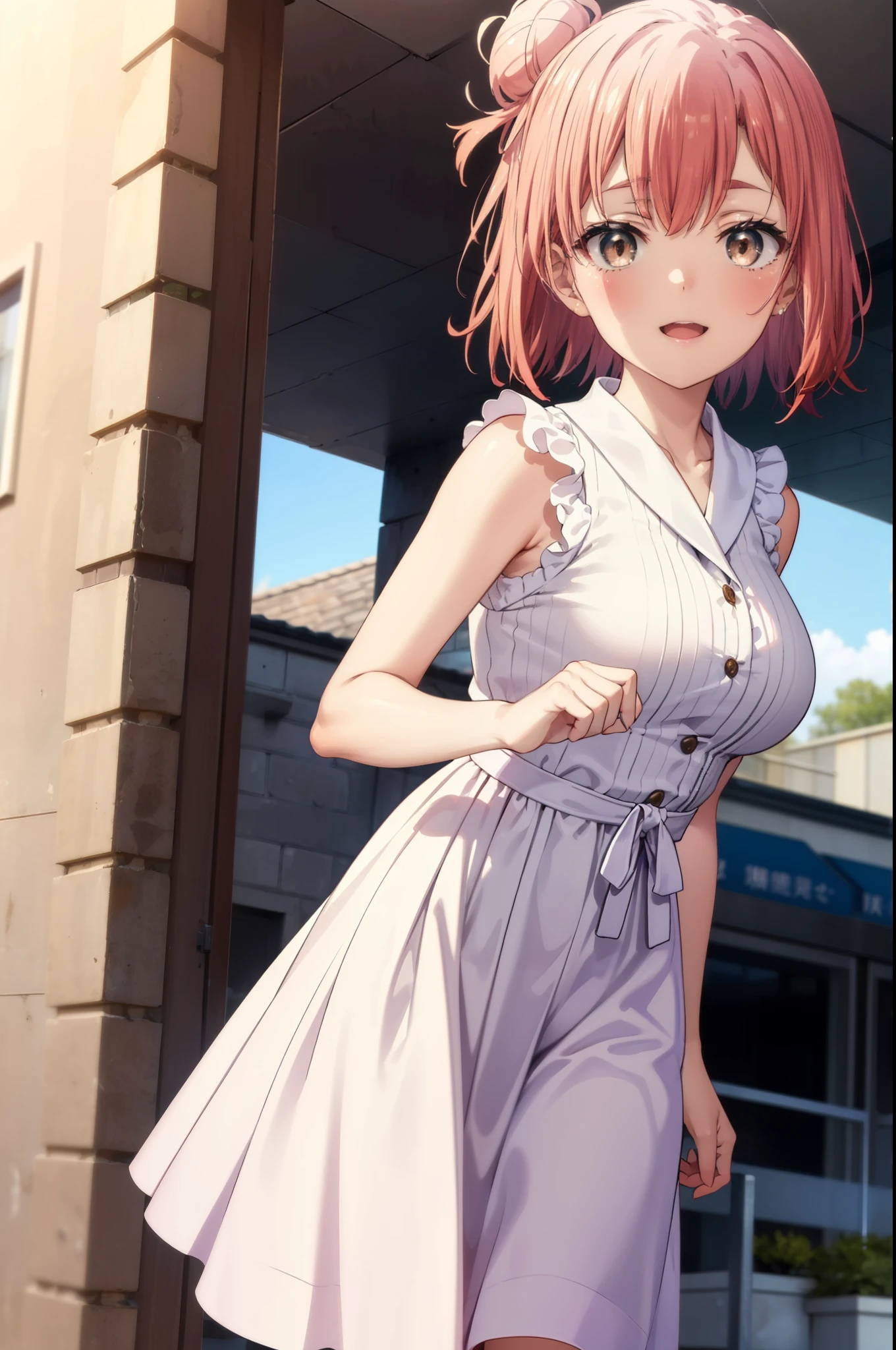 yuiyuigahama, yui yuigahama, short hair, (Brown eyes:1.5), (Pink Hair:1.2), Hair Bun, single Hair Bun, smile, (Big Breasts:1.2),happy smile, smile, Open your mouth,
, Sleeveless pink dress,Pink long skirt,Cute Sandals,walking,Real Summer,Daytime,sunny,whole bodyがイラストの中に入っていくように,
break outdoors ,School　School building,　　　　　　　　　　　　　　　break looking at viewer, whole body,
break (masterpiece:1.2), highest quality, High resolution, unity 8k wallpaper, (shape:0.8), (Beautiful and beautiful eyes:1.6), Highly detailed face, Perfect lighting, Highly detailed CG, (Perfect hands, Perfect Anatomy),