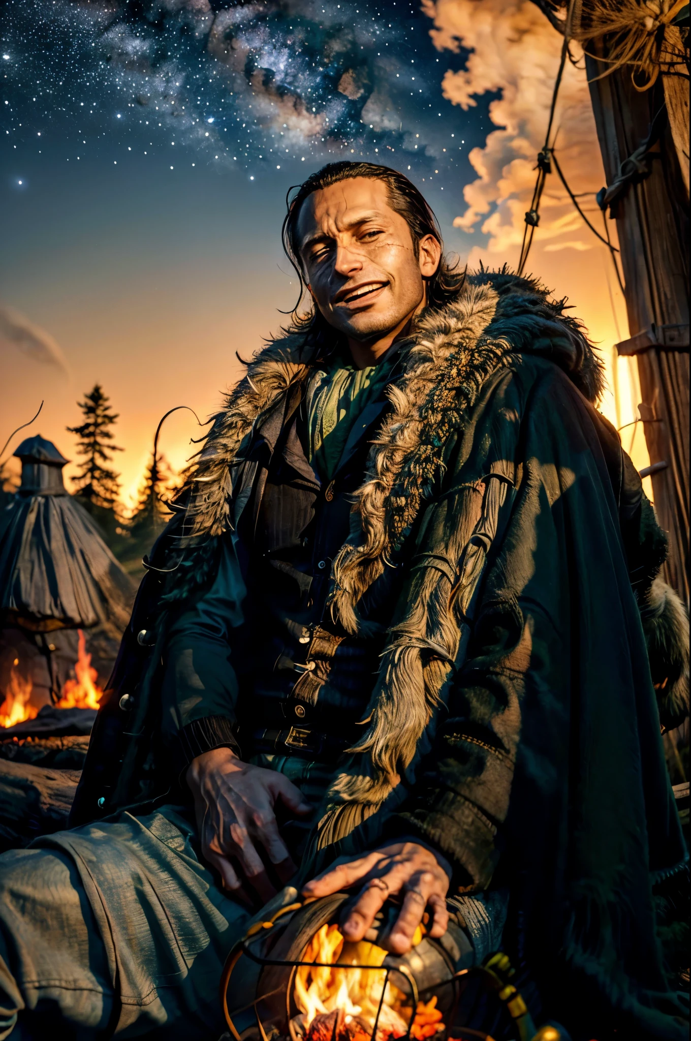 masterpiece, best quality, extremely detailed, hyperrealistic, photorealistic, a cool 40s man, ultra detailed face:1.2, fur-trimmed coat, scarf around the neck, in the night:1.2, warm hue, warm tone, with stars and milky way trails:1.1 sitting near campfire, in a forest, real steam visible, smoke, shadows, tent, laughing, dynamic pose