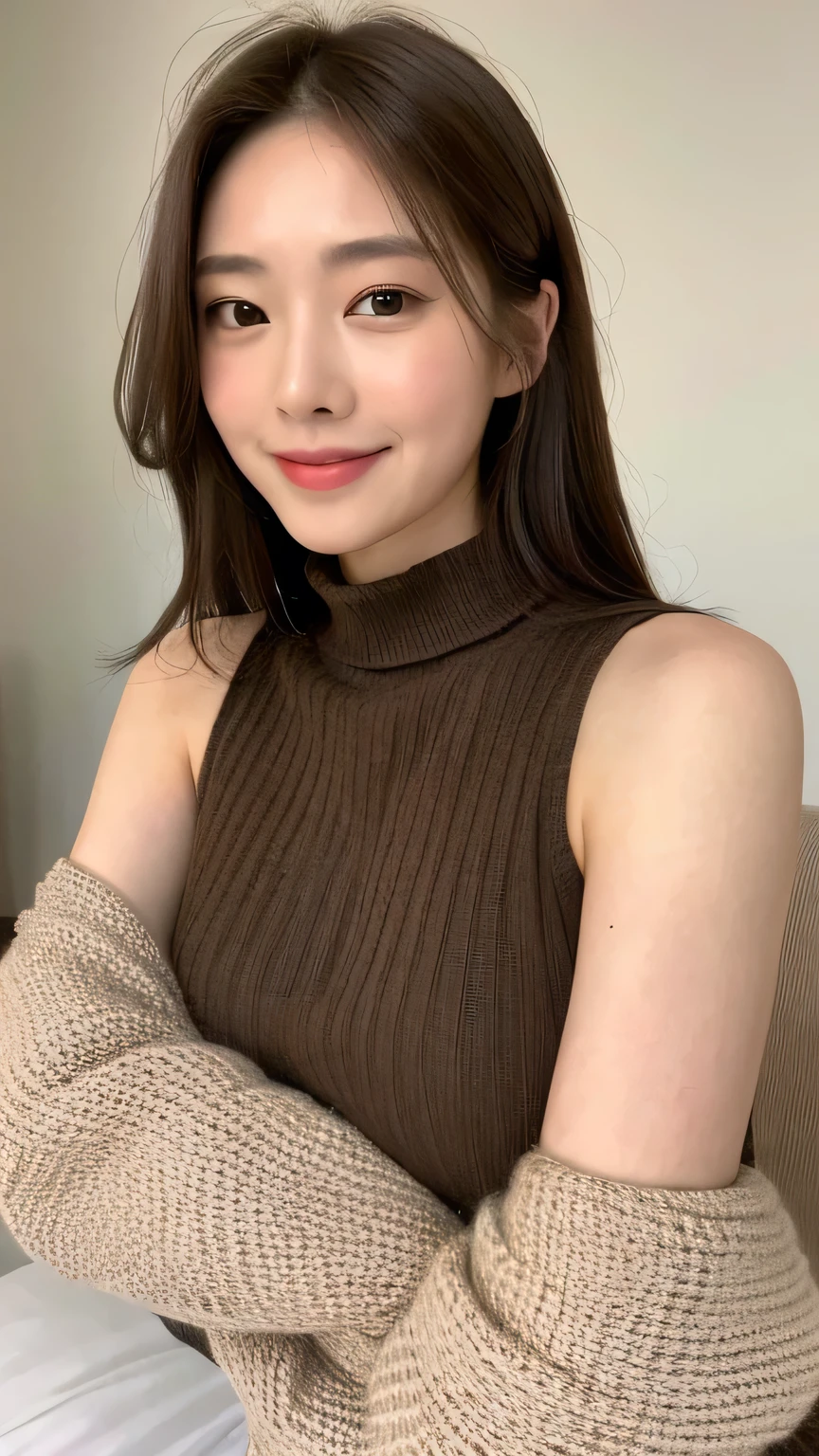 ((highest quality, 8k, masterpiece: 1.3)), Sharp focus: 1.2, Beautiful Japanese Idols: 1.4, Plump: 1.2, ((Light Brown Hair, big: 1.2)), (bedroom: 1.1), Highly detailed face and skin texture, Fine grain, smile, Form-fitting sleeveless knitwear, Beautiful bust, Turtleneck with chest hole,whole body,(((Leg spread))),Dimples,