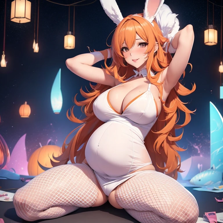 1woman, sexy Pregnant goddess, mature, bunny girl, tight white Bodysuit, fishnet leggings, wavy orange hair, bunny ears, cleavage