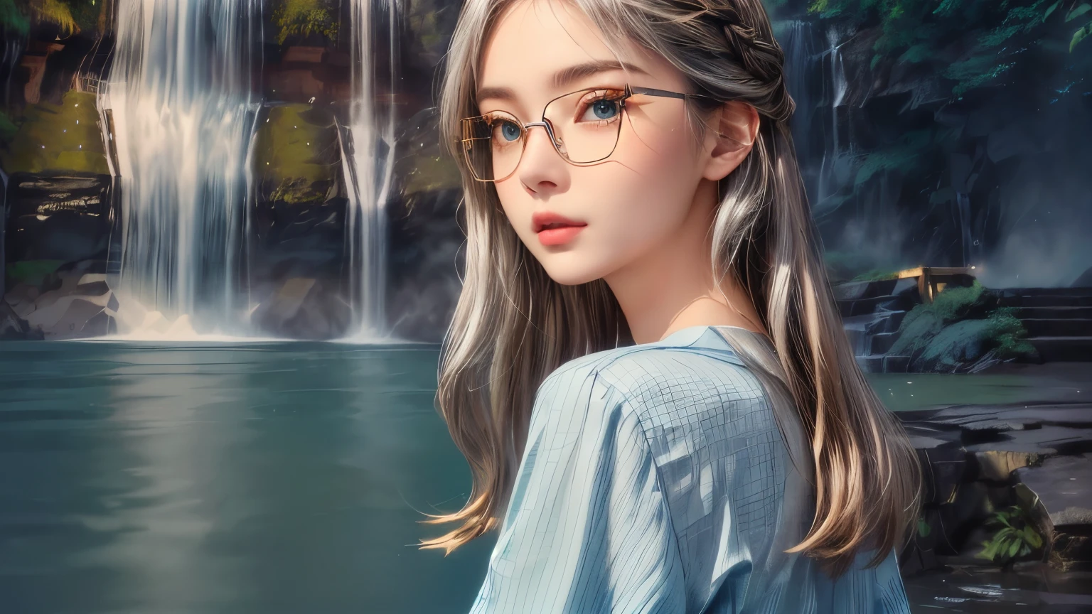 Wearing a light casual style turquoise dress、Standing in front of a small waterfall、Back view of a young Russian woman looking at a waterfall。Modern Japanese natural makeup。She has a long face, very thin honey brown eyebrows that are closely spaced, intelligent and curious magnanimous cute gradational grayish-blue eyes, and close-set eyes. She is wearing her signature thin silver-framed glasses with slightly oval, round lenses