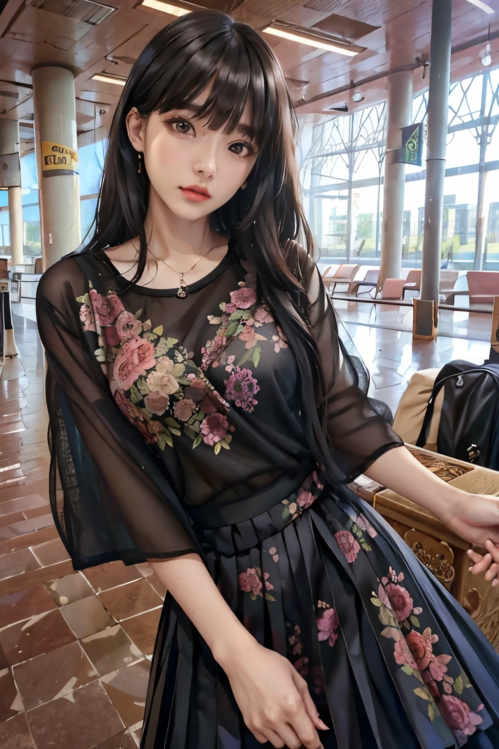 Slender black-haired short woman, 29 years old, floral pleated wrap t-shirt, brown pleated miniskirt, high resolution, masterpiece, ultra-detailed, 8k, realistic digital art, 32k, ultra-high definition, fantasy art work, award-winning A very detailed face, looking at the viewer, super detailed, detailed eyes, detailed beautiful face, airport lobby