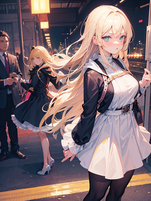 "Create a highly detailed, 8K quality anime-style image of a mature woman standing alone at a train station. The woman should be depicted in full-body view with her legs apart, displaying a highly exaggerated angry expression. Her features include Medium blonde hair, sharp aquamarine eyes, and long eyelashes. Her lips are thin and pink, and her expression should prominently display a (((very exaggerated pout and puffed out cheeks to emphasize her anger))).
She should have medium breasts with natural sagging, heavy appearance, medium hips and thick thighs. Her outfit consists of a white and yellow dress complemented by black heels. Over her dress, she wears a blue sweatshirt; The sweatshirt must be open, exposing the dress underneath it and designed with a hood, long and wide sleeves.
The setting is a busy train station, but she clearly stands out, her posture and expression drawing attention amidst the bustling background. The image should capture the dynamic essence of an anime character with exaggerated facial expressions and a vibrant, detailed environment.