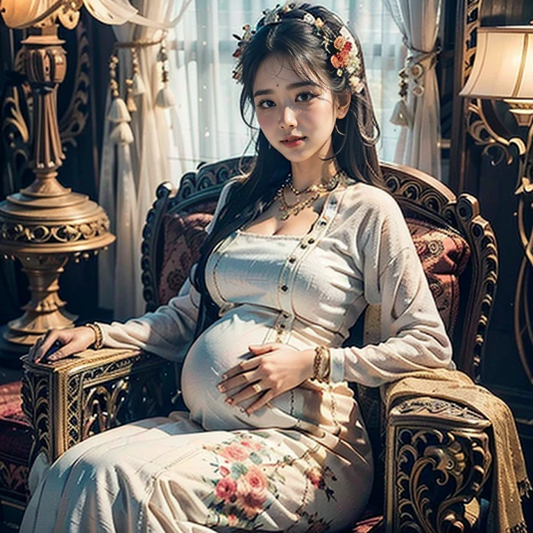 (pregnant woman, elegant, sitting on a comfortable armchair), (beautiful detailed eyes, gentle smile, motherly expression), (long flowing hair, neatly styled), (radiant pregnancy glow), (soft, warm lighting), (artistic illustration), (vivid colors, pastel tones), (floral patterns, elegant decor), (ultra-detailed, realistic), (professional-quality, high resolution), (bokeh effect for depth and atmosphere), (serene and peaceful atmosphere).