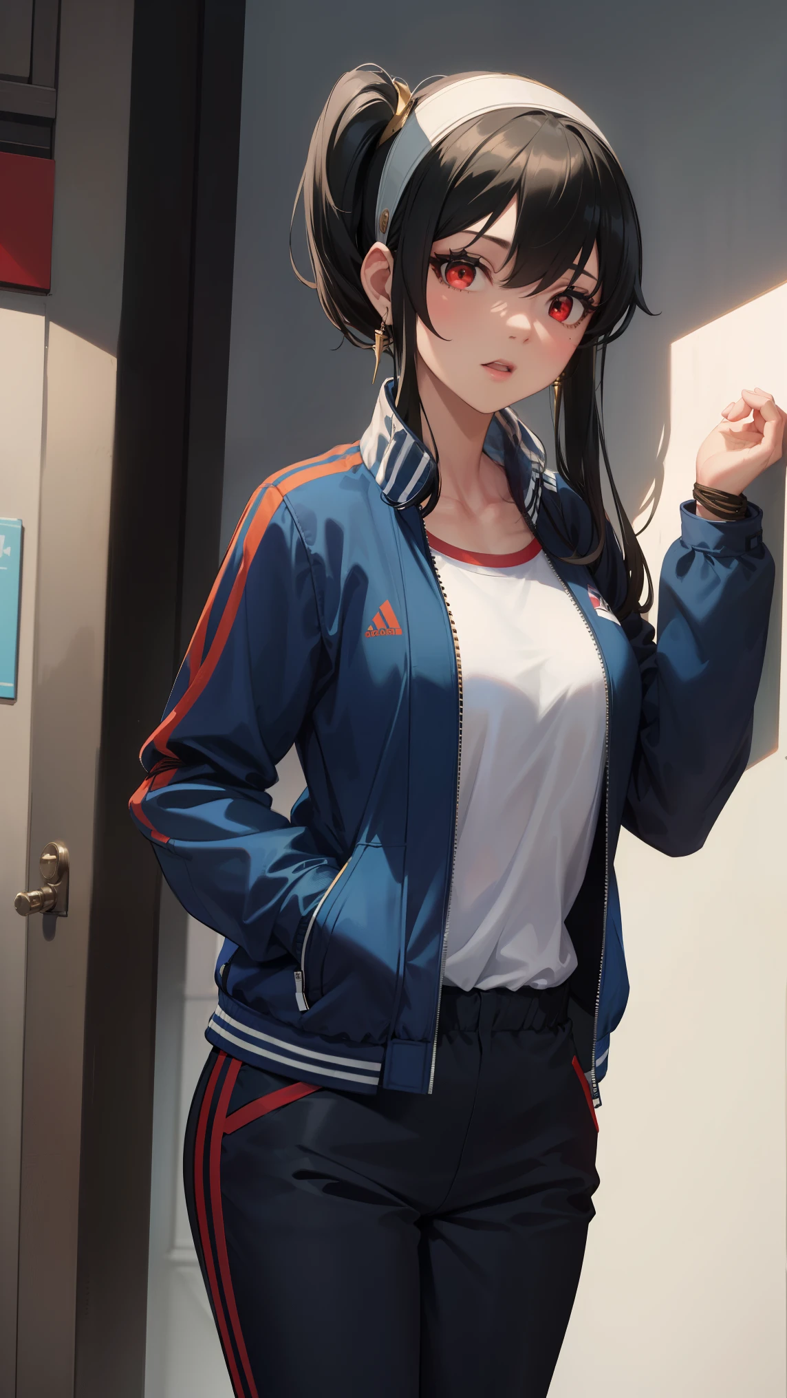 Ajof, side locks, golden hairband, hair adornments, ((Red eyes:1.5)), gold earring, Large breasts,((black hair:1.5)),
BREAK ((long sleeves, jacket, white shirt, side ponytail, blue jacket, track jacket, track suit:1.5)),
BREAK shibari bondage bdsm rope gag ball_gag,
BREAK (masterpiece:1.2), best quality, high resolution, unity 8k wallpaper, (illustration:0.8), (beautiful detailed eyes:1.6), extremely detailed face, perfect lighting, extremely detailed CG, (perfect hands, perfect anatomy),