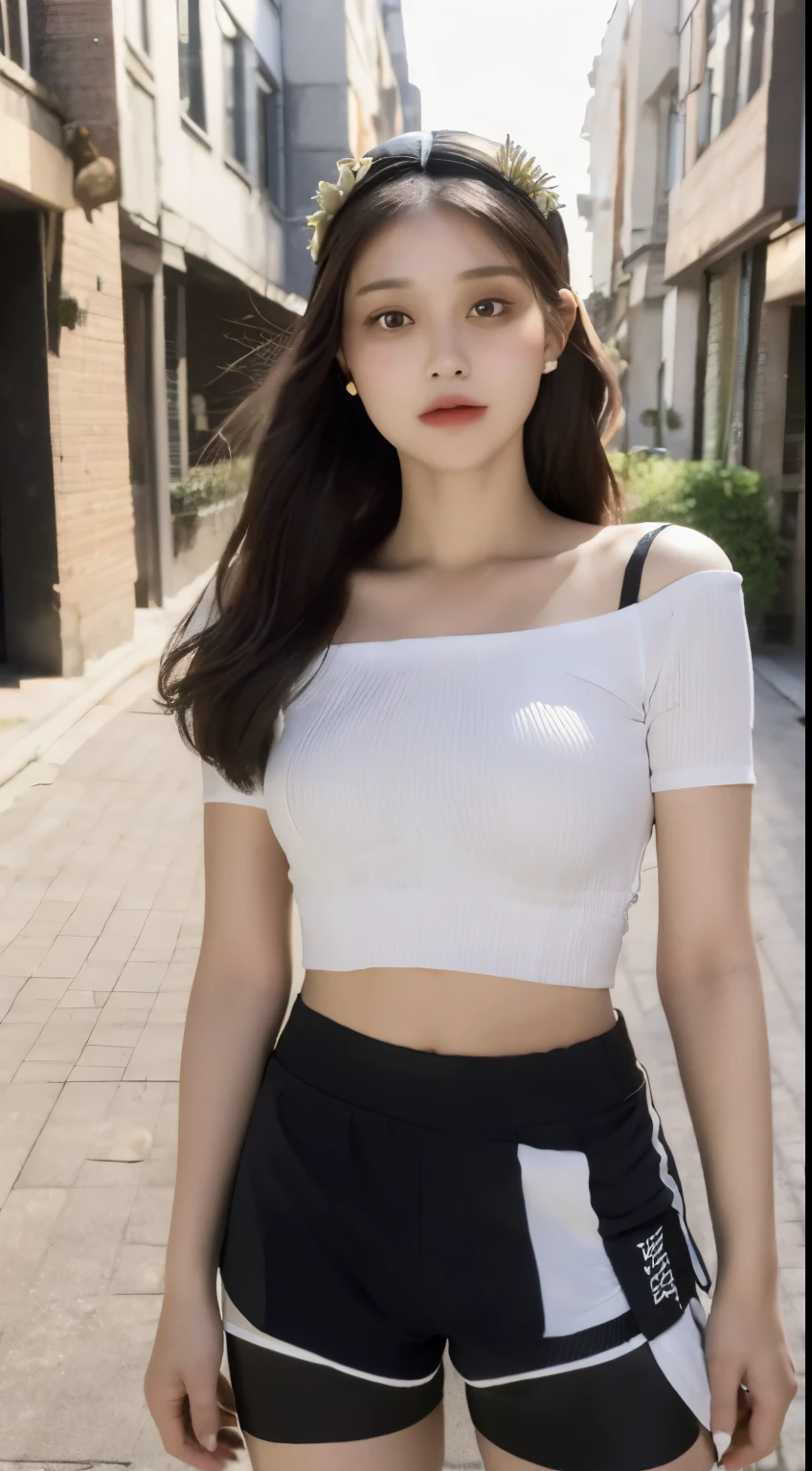 ((Best Quality, 8K, Masterpiece: 1.3)), (Flower Cap: 1.3), Focus: 1.2, Perfect Body Beauty: 1.4, Buttocks: 1.2, (Layered Haircut: 1.2)), (Dark Street: 1.3), Highly Detailed Face and Skin Texture, Full Body, Delicate Eyes, Double Eyelids, Whitened Skin, Long Hair, (Round Face: 1.5), (Loose Crop Top, Shorts: 1.6)