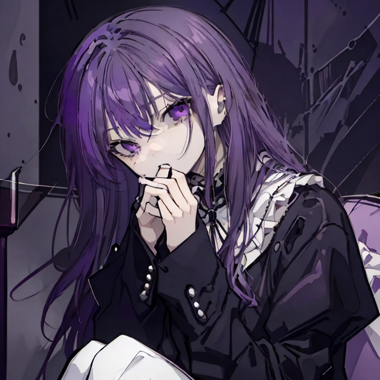 1 girl,Purple Hair,Long Hair,Purple Eyes,Sharp Eyes,cool,Vampire,Mature,Black clothes,Holding a wine glass,Rest your cheek on your hand,Sitting on a suicide mission,Old castle