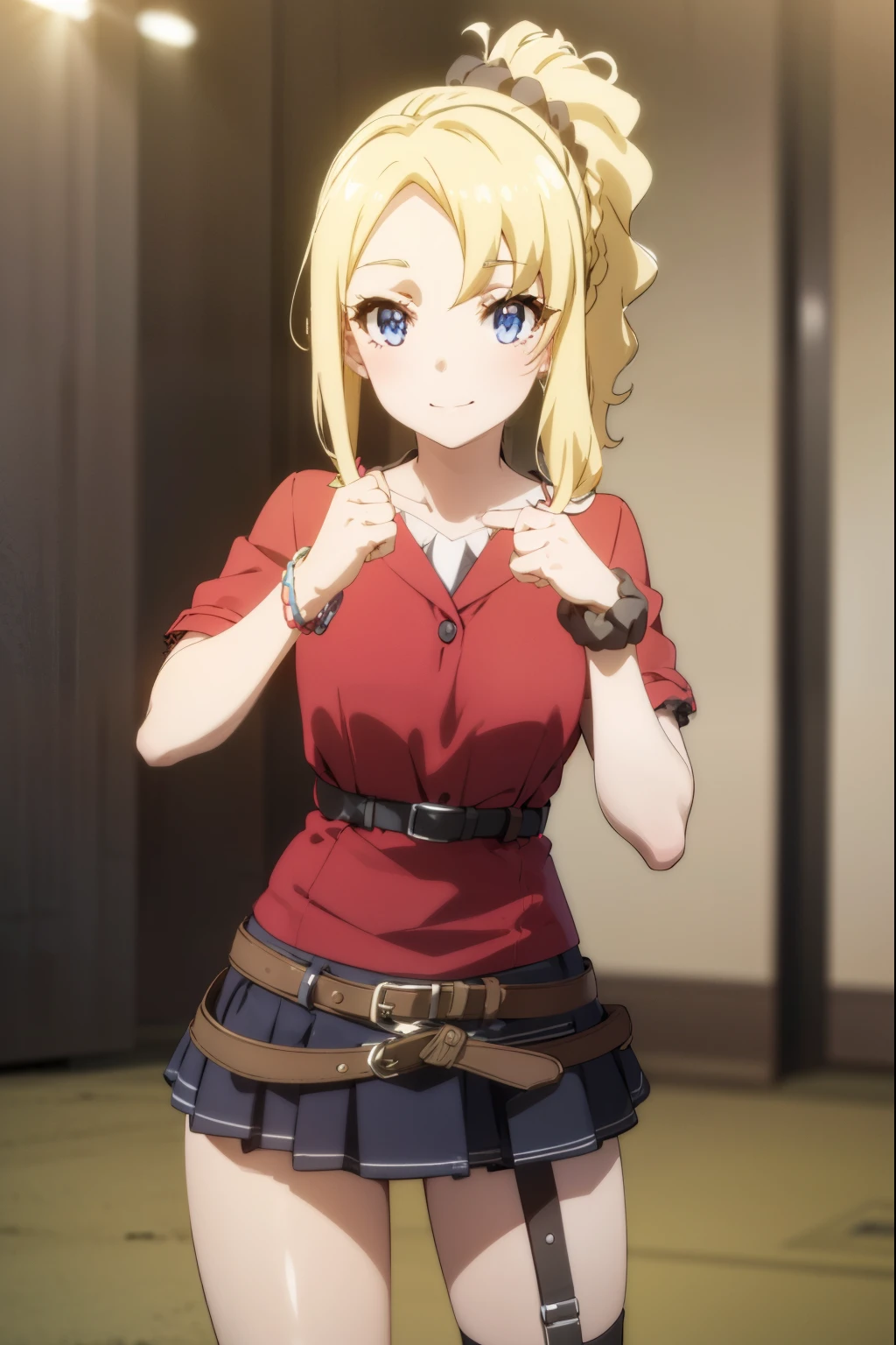 nodokatoyohama, nodoka toyohama, bangs, blue eyes, Blonde, hair ornaments, Side Lock, Side Ponytail, Scrunchie, hair Scrunchie, blue Scrunchie, Braiding, smile, Open your mouth,
break skirt, shirt, Knee socks, Have, jewelry, belt, black Knee socks, bracelet, Garter Straps, mini Have, top Have, Layered skirt, Idol, mini top Have, (red shirt:1.2), clavicle,
break indoors, concert,
break looking at viewer, (Cowboy Shot:1.5),
break masterpiece ,8k unity wallpaper,anime key visual,highest quality, High resolution, unity 8k wallpaper, (shape:0.8),anime coloring,highly detailed face, detailed eyes,growing eyes,shiny skin,fine skin,white skin,dense skin,detailed hair,highly detailed legs,perfect lighting, Detailed CG, (perfect hands, perfect anatomy),High resolution,(Detailed wear ),slender limbs, delicate curves, dainty hands,figure:0.8,white lace panties,