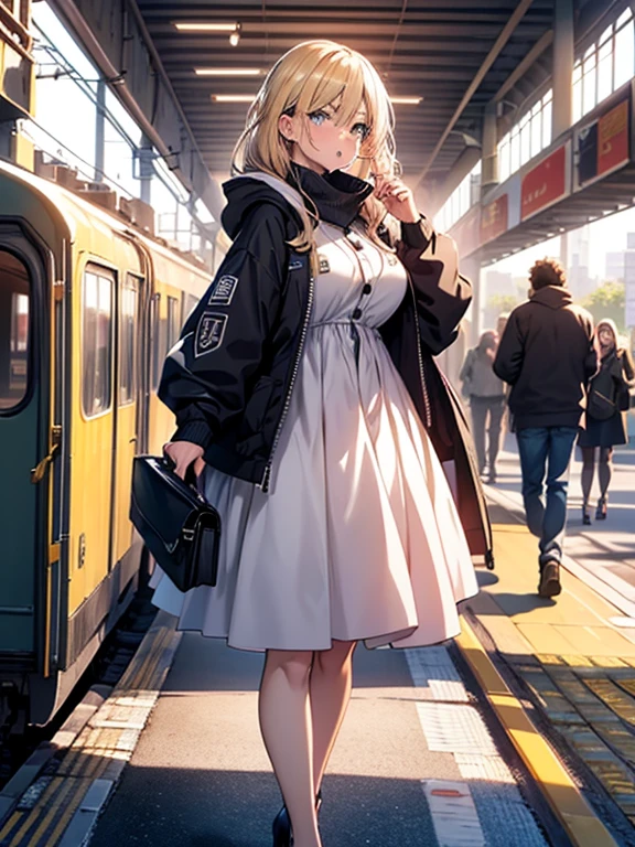 "Create a highly detailed, 8K quality anime-style image of a mature woman standing alone at a train station. The woman should be depicted in full-body view with her legs apart, displaying a highly exaggerated angry expression. Her features include Medium blonde hair, sharp aquamarine eyes, and long eyelashes. Her lips are thin and pink, and her expression should prominently display a (((very exaggerated pout and puffed out cheeks to emphasize her anger))).

She should have medium breasts with natural sagging, heavy appearance, medium hips and thick thighs. Her outfit consists of a white and yellow dress complemented by black heels. Over her dress, she wears a blue sweatshirt; The sweatshirt must be open, exposing the dress underneath it and designed with a hood, long and wide sleeves.

The setting is a busy train station, but she clearly stands out, her posture and expression drawing attention amidst the bustling background. The image should capture the dynamic essence of an anime character with exaggerated facial expressions and a vibrant, detailed environment.