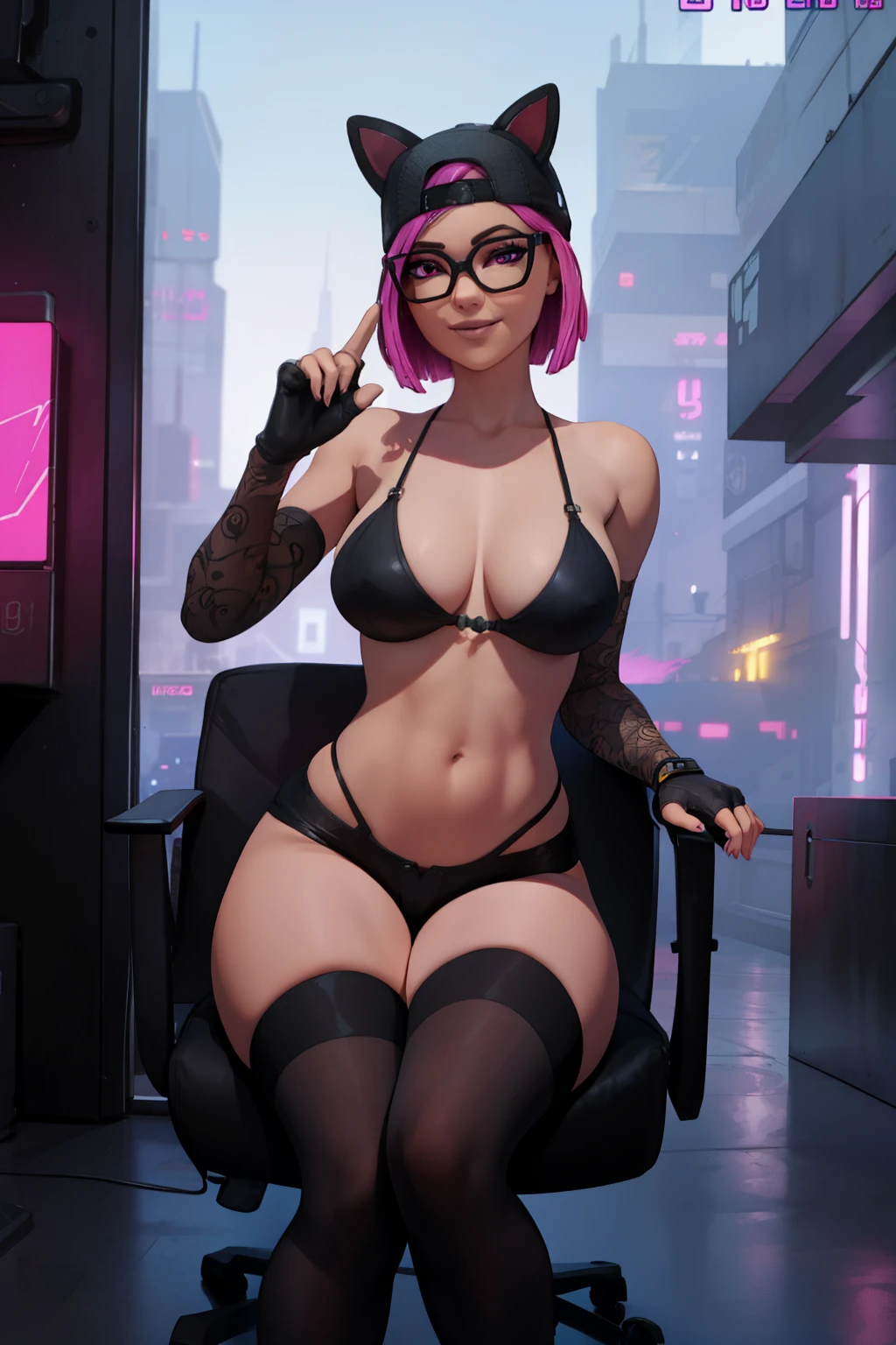 (masterpiece), (best quality),chair (solo), looking the viewer, cyberpunk, high detailed,extremely detailed,shorts with black stockings,pink bikini, fine eyes, smile,dynamic pose, short pink hair,cap,fingerless glove,glasses.