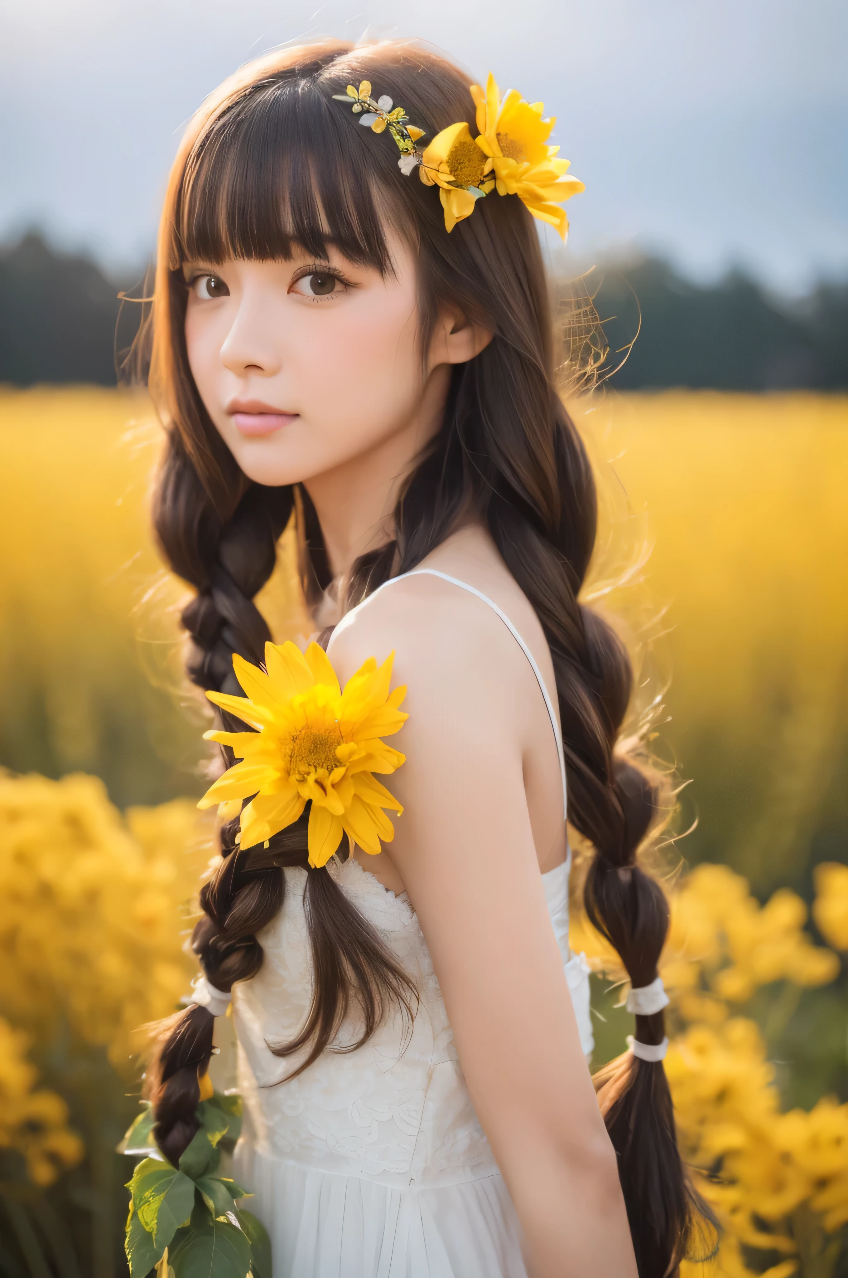 longeyelashes, blunt bangs, braid, messy hair, wavy hair, floating hair, hair spread out, flower on head, hollow eyes, light blush, dark brown hair, long hair, calyx background, yellow flower field, cloudy clear sky, petals blowing in the wind, a lot of plants, flower garden, realistic, half body shot, grassland, anaglyph, stereogram, atmospheric perspective, first-person view, three sided view, Wide-Angle, f/16, 8k, super detail, ccurate, best quality, UHD, anatomically correct, high details, high quality, highres