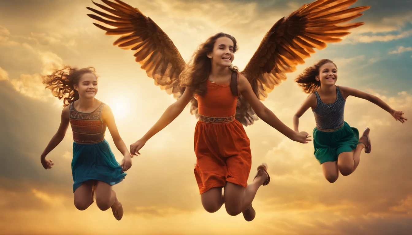 3 teenage girls flying together in the sky without wings