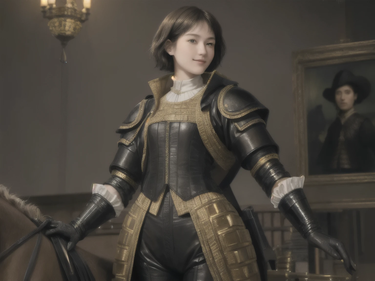 223 Short Hair, 20-year-old woman, A kind smile, (Luxurious stables), (Rembrandt-style painting), ((machinery suit,Clothes with short sleeves)),I can see your abs