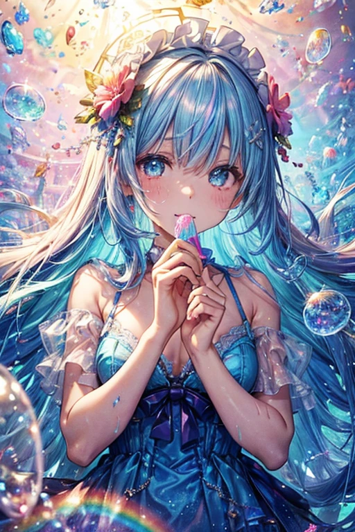 Delicate and beautiful face and eyes,Focus on the face, Deep sea background,Tabletop,Detailed Splash Water, Beautiful detailed water, Sensation of shock, (Genuine: 0.5), Original 2 High Saturation, (Surrounded by colorful splash spots), Multicolored bubbles, glasser maid))、泡のあるRainbow backgroundの接写, ethereal Rainbow Bubbles, Bokeh iridescent accents, Bokeh. iridescent accents, Rainbow Background, Colorful refracted glow, Soft Rainbow, Shiny colorful, Bright Sky, Colorful background, Rainbow background, Rainbow Bubbles, Colours of Heaven, Sparkly Background, Fantasy Rainbow, Background pastel, The background is like heaven、Close up of a pile of colorful plastic beads, Candy, sweets, candy, candy colors, candy pastel, candy decorations, Lollipops, gummy Candy, Made by Lollypops, made of candy and lollypops, sweet, candy treatments, Gumdrop, Lollipop, made of candy, candy land, jelly, everything is made of candy, Whirlpool、青いドレスとストッキングを着てベッドに座っているアルファフィーwoman, Translucent dress, beauty lingerie, iridescent shiny thin lingerie, Translucent silk dress, pale, Wave Lingerie, sexy gown, Bright blue shiny lingerie, Blue underwear, Icy Blue Dress, Light blue, Pastel Blue, woman, thin, Sky blue dress, wearing sexy lingerie