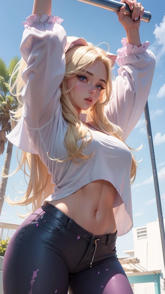 Beautiful girl , slim fit body , blonde hair, crop top, rose pink lips , violet eyes, blushed cheeks, big breasts