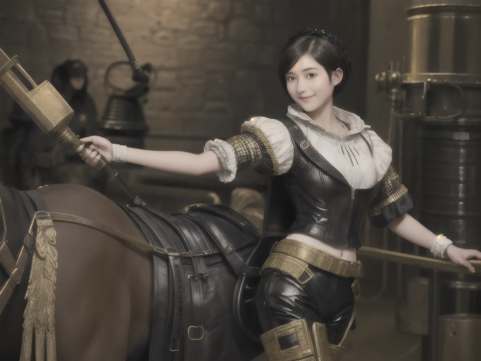 223 Short Hair, 20-year-old woman, A kind smile, (Luxurious stables), (Rembrandt-style painting), ((machinery suit,Clothes with short sleeves)),I can see your abs