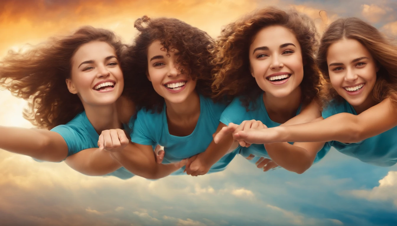 5 teenage girls flying together in the sky