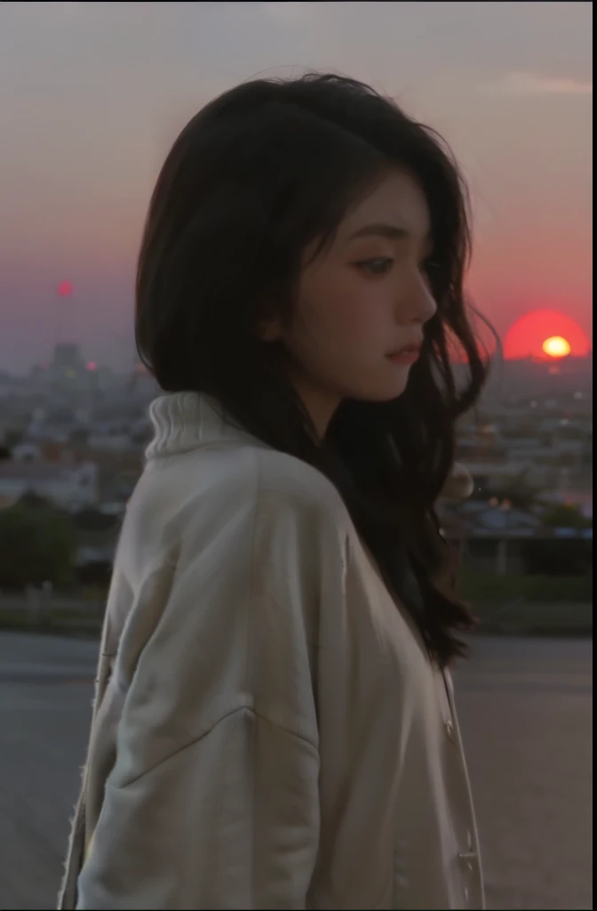 1girl, sweater, sunset background 