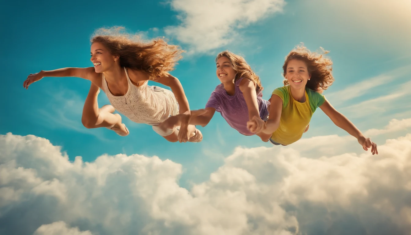3 teenage girls flying together in the sky