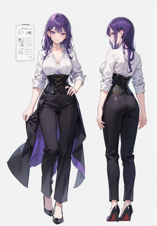 Purple hair,Long hair,Adult female,Bartender,((Rolling up your sleeves shirt)),(Corset),(slacks),High heels,((Simple background)),Smile,((Full body)),((whole body)),Character Sheet,((Hands that hold nothing))