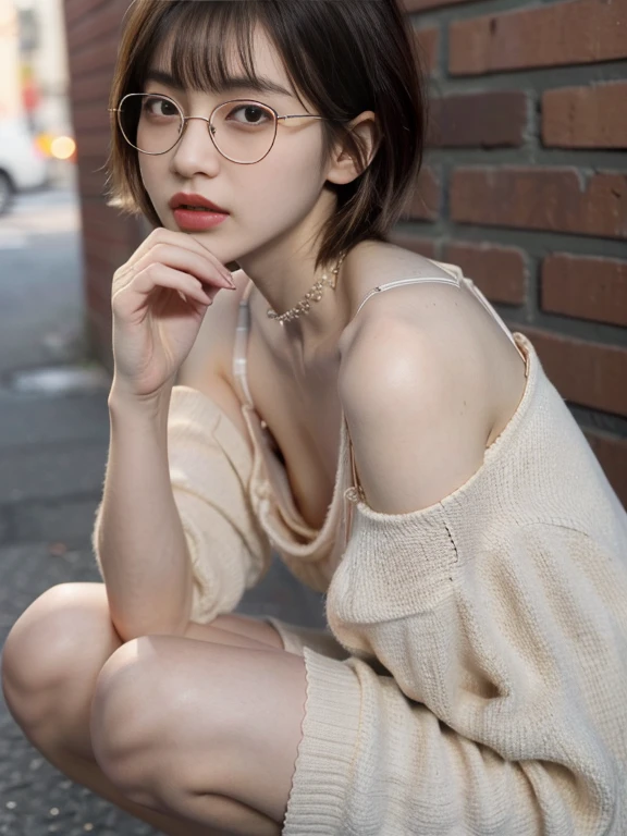 raw photo, 8k, (top-quality), Realistic, (real picture, Intricate details), (natural skin texture, detailed skin, hyper realism, sharpness), (glasses Japanese teenage girl squatting in a dirty back alley at night),((highly detailed bra with embellishments)),((flat chest)), ((jirai fashion, v-neck black blouse ,downblouse, munechira)), (pale skin:1.2, slender body), ((short hair, blunt bangs)), (glasses seductive face, provocative look, Parted lips:1.3, eye bag:1.2, red thick lips),  night time, spot lighting:1.3, pink bra, 