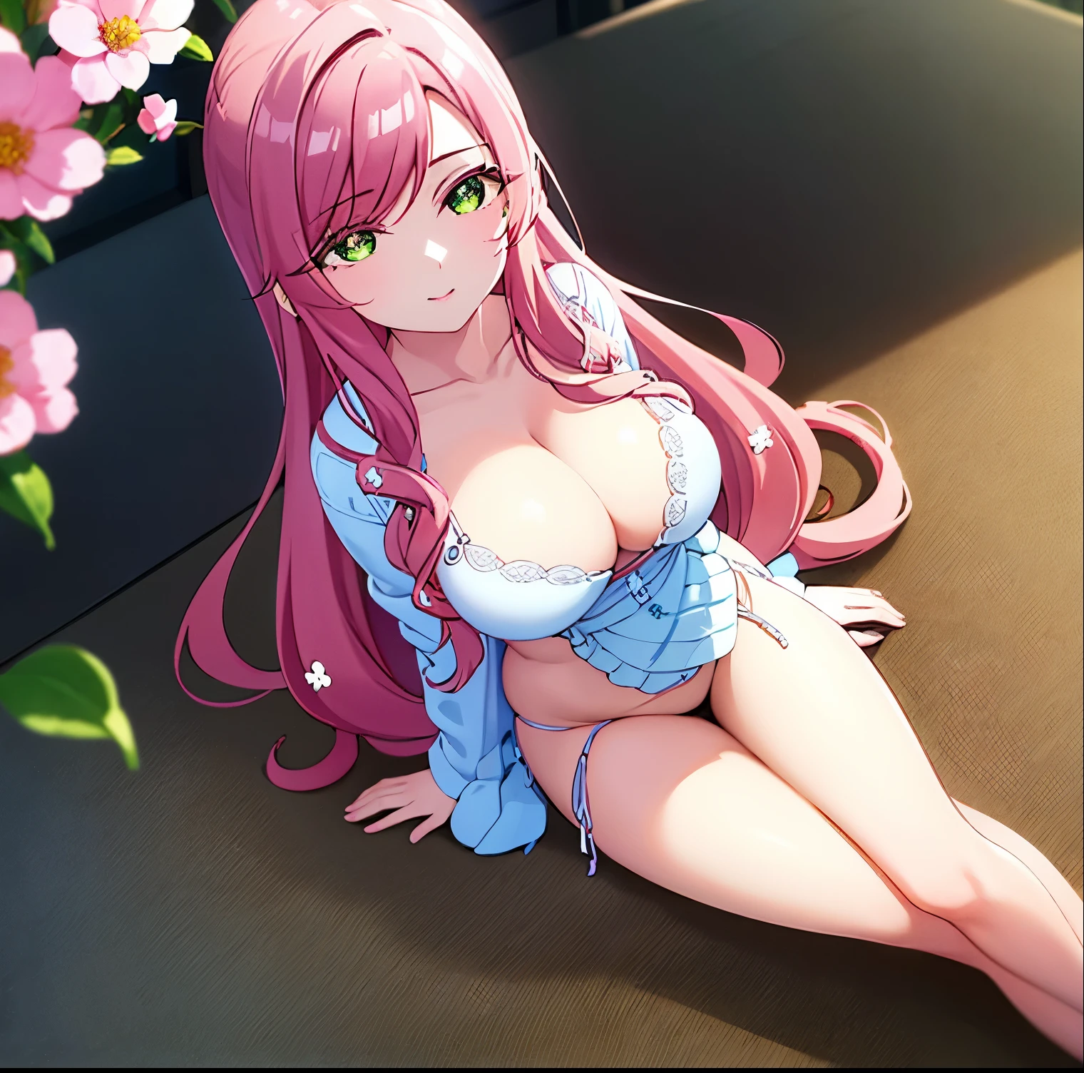 1 girl, alone, hahari hanazono, long hair, bangs, (green eyes: 1.2), pink hair, flower, hair flower, green eyes, smile, interior, room, bedroom, night, good lighting, night light, sitting in the bed, legs open, , (micro lingerie :1.5),dark pink bra, dark pink thong, front facing,looking at viewer, point of view: (from above) (masterpiece: 1.2), best quality, high resolution, Unity 8k wallpaper, (artwork: 0.8), green eyes (beautiful detailed eyes: 1.6), extremely detailed face, perfect lighting, extremely detailed CG (perfect hands, perfect anatomy), large breasts, medium waist. , wide hips, medium thighs, round butt