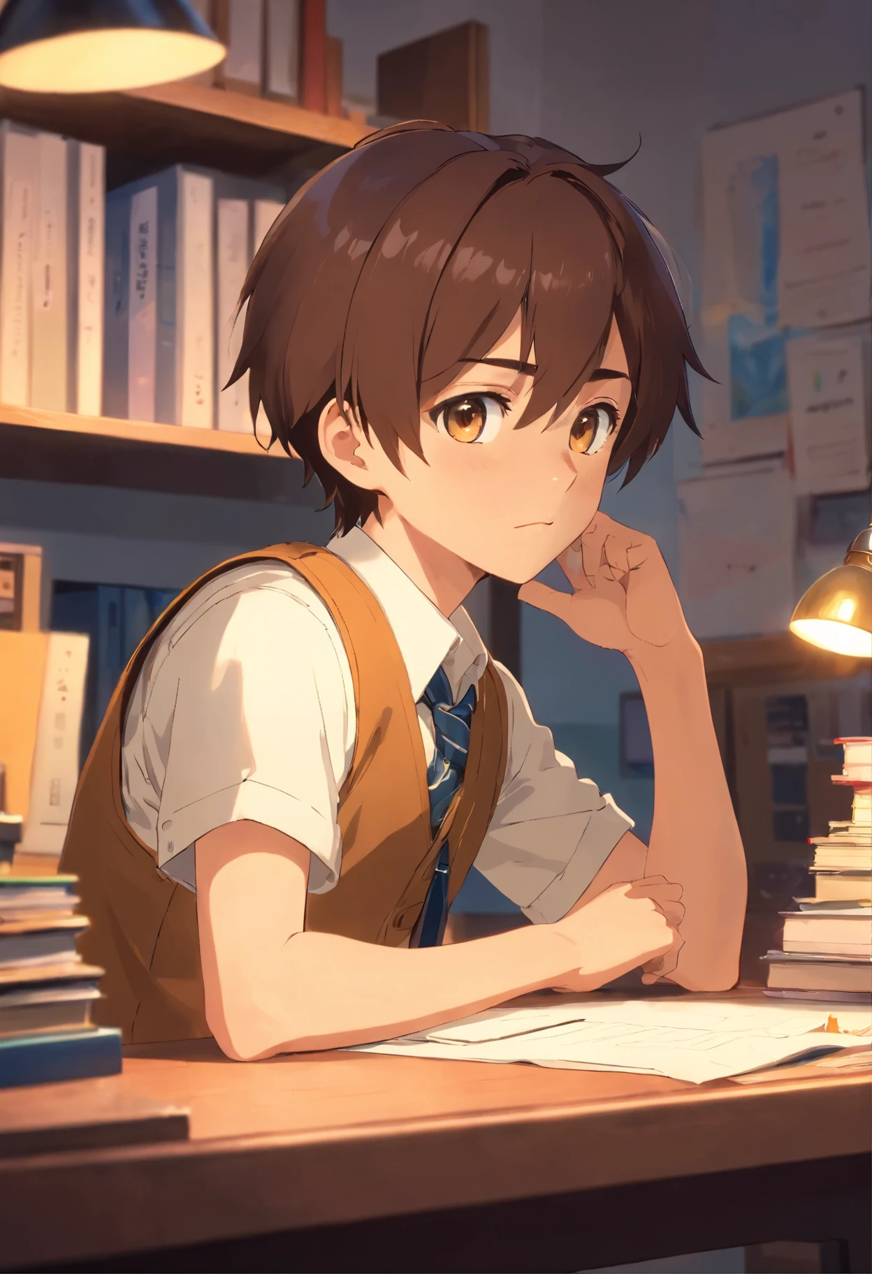 An 18-year-old boy in a golden-brown vest leans back against his desk，The dim light of the desk lamp shone on his face，Tired fell asleep，high high quality, Clear focus (Chaos - house books: 0.8), (tmasterpiece: 1.2) (realisticlying: 1.2) Bokeh(best qualityer) (Detailed skins: 1.3) (intricately details) (8K) (eye detailed) (sharp focus), (having fun) (a variety of poses) desenho