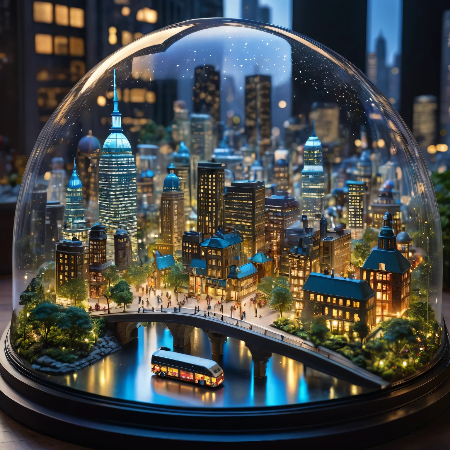 (best quality,4k,8k,highres,masterpiece:1.2),ultra-detailed,realistic,photorealistic:1.37,microscopic cityscape encased in a glass dome,tiny skyscrapers with intricate architectural details,miniature streets bustling with tiny cars and people,vibrant lights illuminating the city at night,reflection of the cityscape on the glass surface,impeccable craftsmanship capturing every minute element of the miniature scene,cityscape with realistic weather effects like rain or fog,glimmering stars in the night sky beyond the glass dome,to-scale trees and parks adding a touch of greenery to the urban scene,detailed texture of the glass dome,showcasing the beauty of the city in a small, encapsulated world,realistic reflections and shadows on the glass surface,creating a sense of depth and realism,impeccable attention to detail,bringing the miniature city to life with vibrant colors and textures,every building displaying unique architectural styles and designs,meticulously crafted people engaged in various activities,adding a sense of dynamism and storytelling to the scene,aerial perspective capturing the sprawling cityscape from above,transporting viewers into a mesmerizing world of miniatures,contrasting scales between the detailed cityscape and the glass dome,creating a sense of wonder and awe,meticulously arranged lighting,highlighting the intricate details and adding a sense of ambiance to the scene,creating a captivating visual experience with the delicacy and precision of a masterful artwork.
