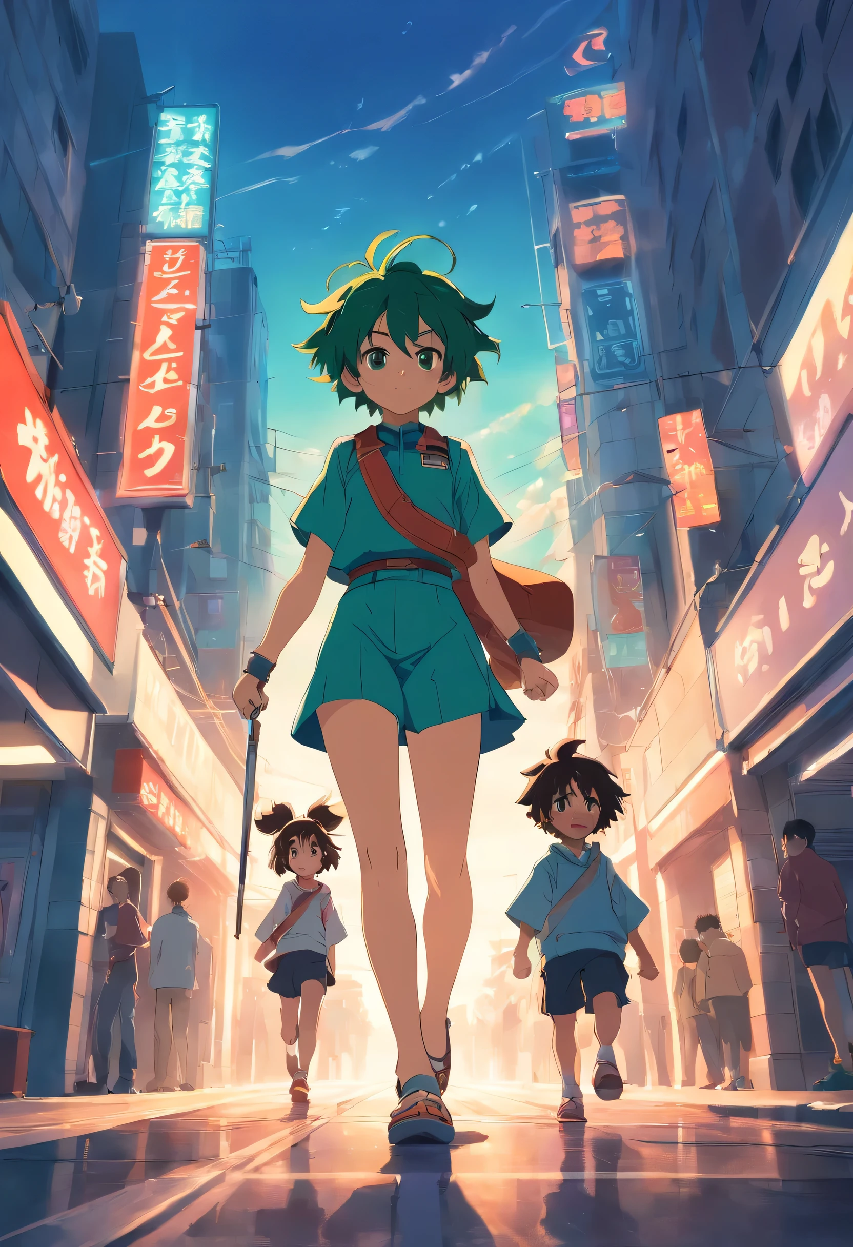 Combina Deku y tanjiro en un solo personaje poderoso caminando mirando a camara poco musculosos y con espadas en la cintura