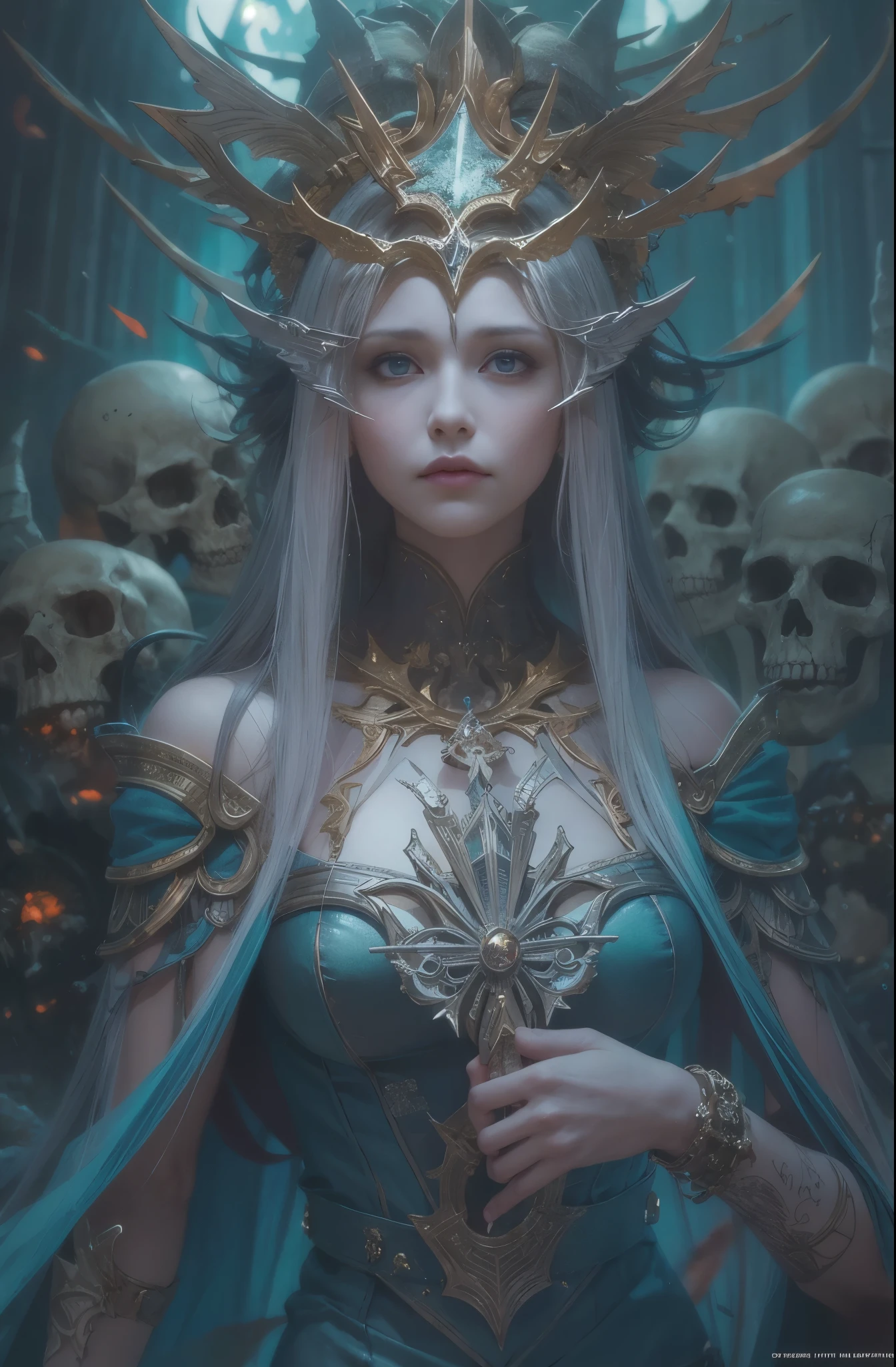 hell、purgatory、A world without light, Swarm of Undead、fear, Disillusioned, Wails, despair, depressed, The End, Requiem, Breathtaking beauty, Gothic, Solemn, Majestic, Very beautiful Caucasian woman in her 20s、Queen of the Exiles、The majesty of the queen, ペルセポネとhellの番犬, Countless Skulls, Concept Art | ArtJam, 4K Fantasy art, ArtJam julie bell beeple, Fantasy art Behance, 詳細なFantasy art, Peter Mohrbacher. Unreal Engine, Mohrbacher's artistic style, Peter Mohrbacher artstyle, Ultra-fine paintings by Yan J., Artstation Contest Winner, Fantasy art, カロル・バクとPeter Mohrbacher, Mohrbacher's artistic style, Peter Mohrbacherのスタイル, Peter Mohrbacher Art Style, Peter Moerbacher Style, detailed Fantasy art, 4K Fantasy art, By Jean Jay., Fantasy artスタイル, 2. 5D CGI Anime Fantasy Artwork, epic Fantasy artスタイル hd, Epic fantasy digital art style, 詳細なFantasy art, Detailed digital 2D fantasy art, ルアン・ジアとArtJam, 8k Fantasy art, Sharp contours, Sharp eyes with slit length, Beautiful and delicate blue eyes, pretty much beautiful face, Unparalleled beauty, masterpiece, highest quality, The perfect angle, Perfect composition, Best Shot, Official Art, Cinematic light, Very beautiful and fantastic scenery, before, Ultra-precision coating, Luminism, art by Carne Griffiths and What a bone Concept Art, 4K resolution, Fractal isometricdetailed bioluminescence , 3D Rendering, Octane Rendering, Exquisitely crafted , Cinematic, Trending isometric surreal cover photos、Art Station'Amazing full color, Hit definition , Very subtle contrast of light and shadow, Cinematic,Great background, Abstract Beauty,stand, Approaching perfection, Pure Form, Golden Ratio, minimum, Revert, Concept Art, What a bone、Intricate details, 8K Post-Production, High resolution, Hyper Detail, Art Stationのトレンド, Studio shot, Intricate details, Extremely delicate and detailed painting style, Beautiful painting art, Close-up