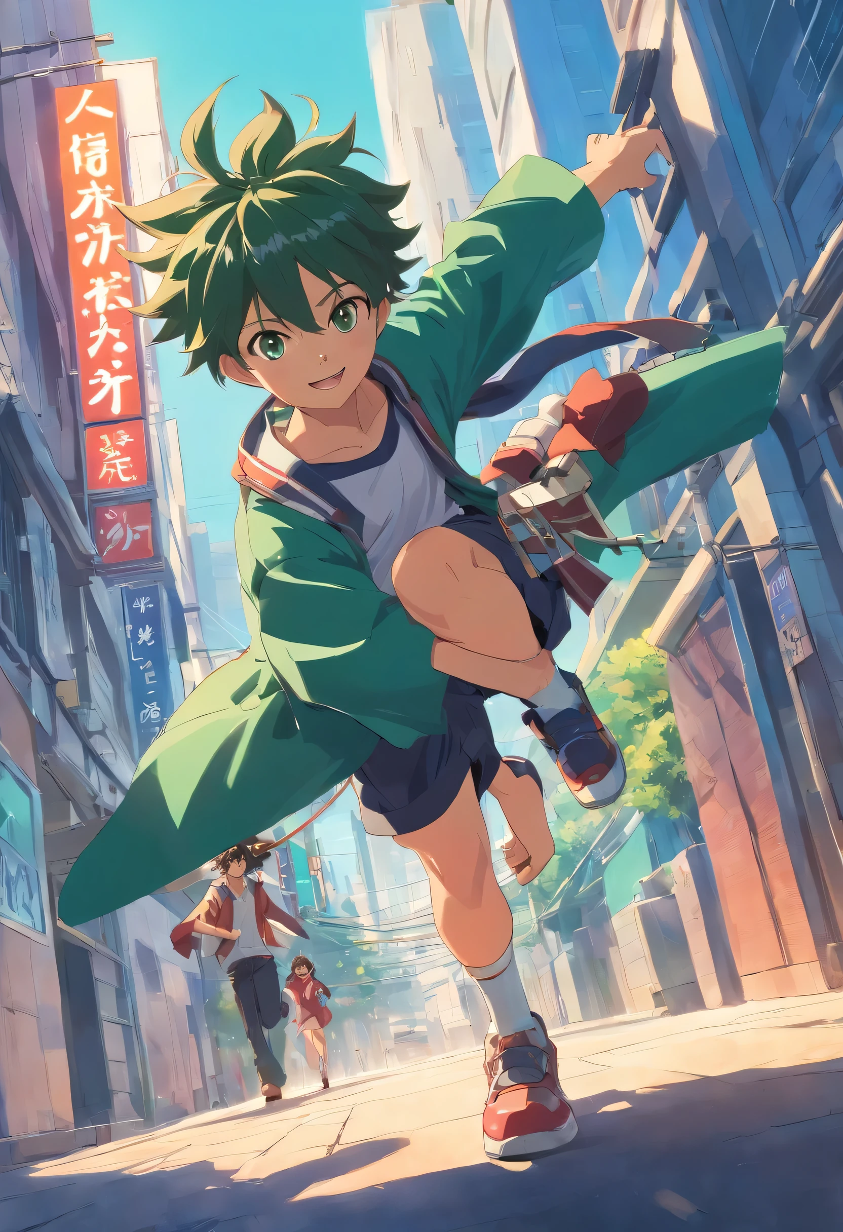 Combina Deku y tanjiro en un solo personaje poderoso caminando mirando a camara poco musculosos y con espadas en la cintura