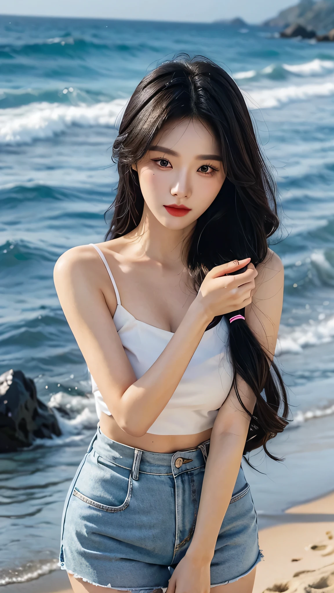 A perfect young female white-collar worker,Chinese,High picture quality,Works of masters,Black hair,Long hair flowing over the shoulders,in the beach, sea, Beach wave hairstyle,cropped shoulders,clavicle,exquisite face,Hydrated red lips,Real Human,CG rendering,16k,Stand up,Do not show your hands,Close-up shot