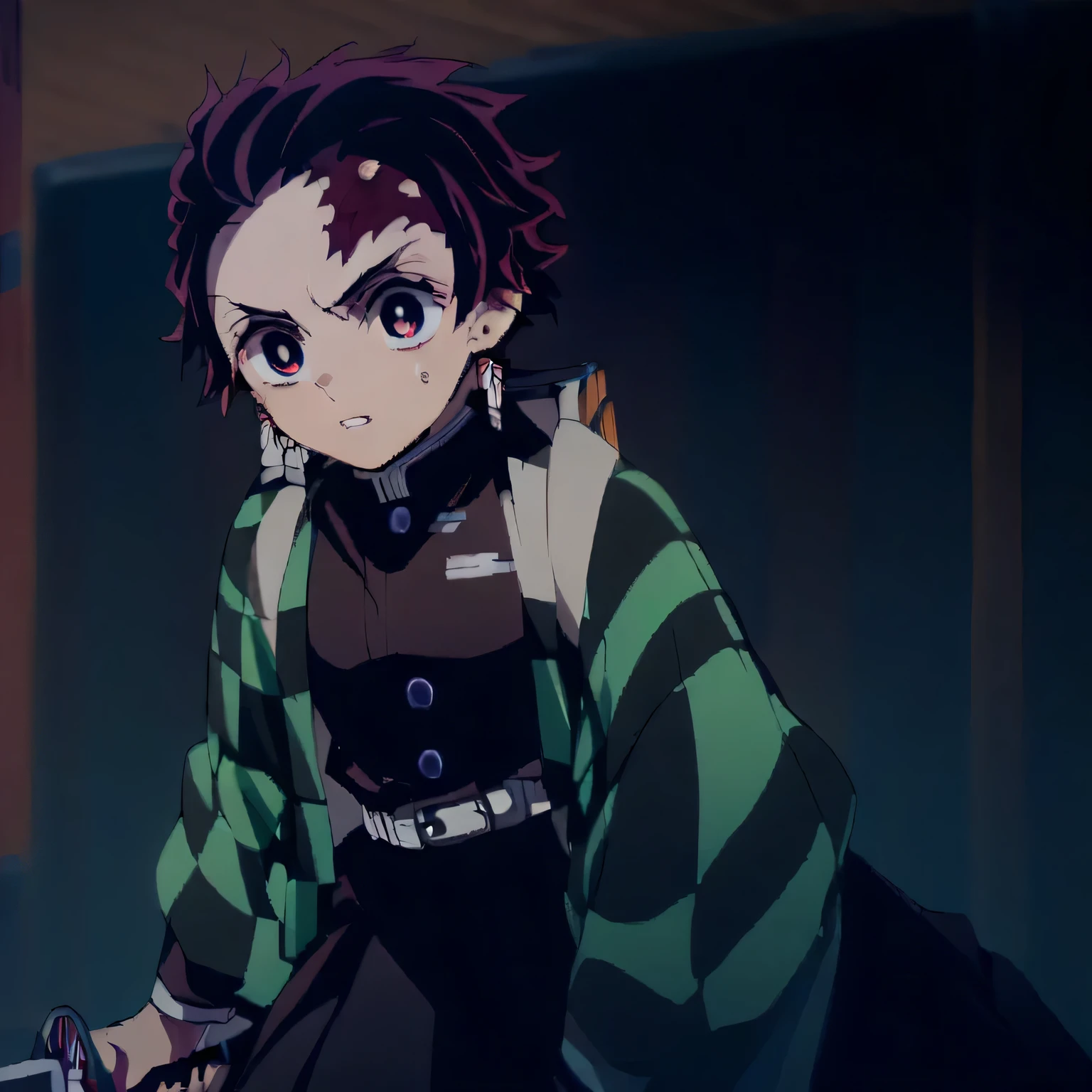 A boy holding a fire sword . two hand checkered clothes, demon slayer uniform, black pants