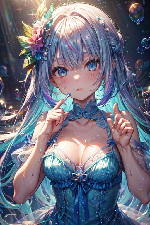 Delicate and beautiful face and eyes,Focus on the face, Deep sea background,Tabletop,Detailed Splash Water, Beautiful detailed water, Sensation of shock, (Genuine: 0.5), Original 2 High Saturation, (Surrounded by colorful splash spots), Multicolored bubbles, glasser maid))、泡のあるRainbow backgroundの接写, ethereal Rainbow Bubbles, Bokeh iridescent accents, Bokeh. iridescent accents, Rainbow Background, Colorful refracted glow, Soft Rainbow, Shiny colorful, Bright Sky, Colorful background, Rainbow background, Rainbow Bubbles, Colours of Heaven, Sparkly Background, Fantasy Rainbow, Background pastel, The background is like heaven、Close up of a pile of colorful plastic beads, Candy, sweets, candy, candy colors, candy pastel, candy decorations, Lollipops, gummy Candy, Made by Lollypops, made of candy and lollypops, sweet, candy treatments, Gumdrop, Lollipop, made of candy, candy land, jelly, everything is made of candy, Whirlpool、青いドレスとストッキングを着てベッドに座っているアルファフィーwoman, Translucent dress, beauty lingerie, iridescent shiny thin lingerie, Translucent silk dress, pale, Wave Lingerie, sexy gown, Bright blue shiny lingerie, Blue underwear, Icy Blue Dress, Light blue, Pastel Blue, woman, thin, Sky blue dress, wearing sexy lingerie