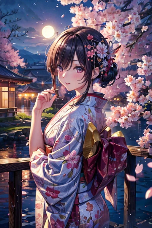 8k, super detail, masterpiece, high quality, best qualit,Fluttering cherry blossoms,Detailed Background,vivid obi,Mature beauty,Flower pattern kimono,night,moon