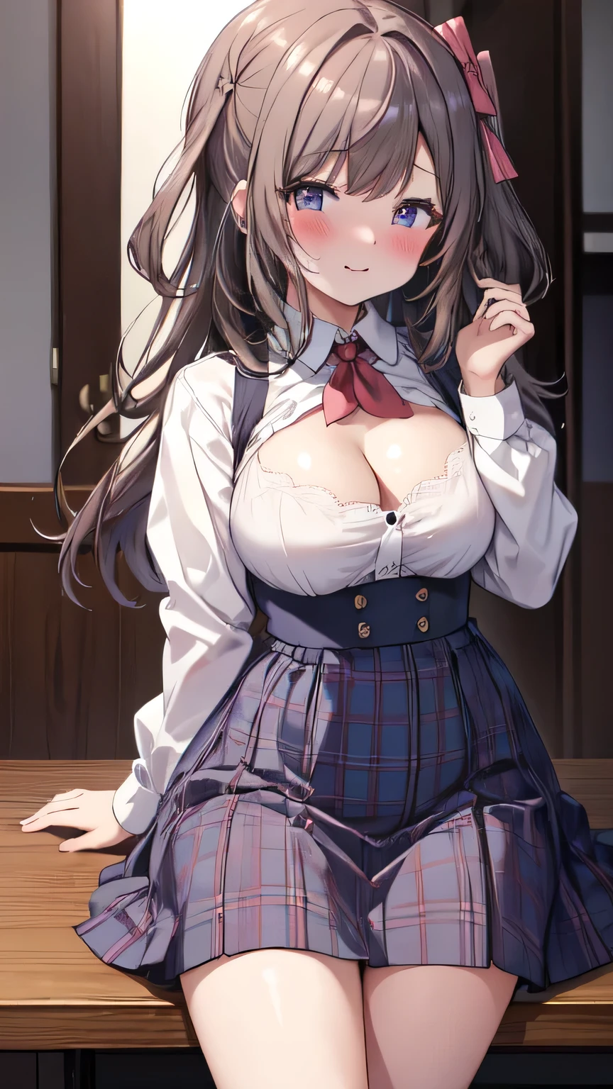 Very detailed、(8k, RAW Photos, highest quality, masterpiece:1.2), (Very detailed 8k wallpaper),shape、Professional Lighting,Sharp focus, Written boundary depth、
Browsing Caution、Clear Eyes、Perfect Anatomy、With a girl、12 years old、Emphasize cleavage、(blush:1.5)、、、(White collar shirt:1.3) 、、Tartan check micro mini skirt、、、,、(imminent kiss:1.2),