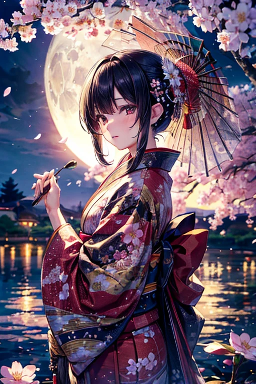 8k, super detail, masterpiece, high quality, best qualit,Fluttering cherry blossoms,Detailed Background,Black Hair,Mature beauty,Flower pattern kimono,night,moon