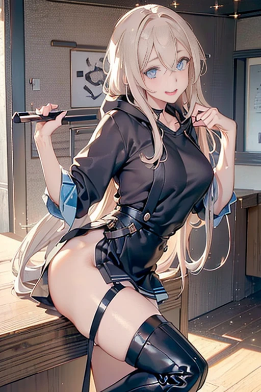 (from above:1.0),(from side:0.9), ((Face)), (Close-Up:0.4), 1female, teacher, wearing a hoodie, bootyshorts, Thicc, small breast, light colored hair, long hair, blue eyes, face to detail, detailed eyes, the background is a pizzaria, smiling, highest quality, (RAW photo:1.2)(Curve,Model,glamor:1.5),Beautiful breasts,Farbe_aberration,beautiful detailed shadow,Beautiful eyes,Beautiful body,Beautiful skin,beautifull hands,(medium_breasts:1.5),Brown hair,watching at viewers,black suspenders,Bulging big,breasts,walls: Black miniskirt, garters, Gaze, Small face,bangss,holster,Beautuful Women,hands up,leg holster,Gaze,black boots panty shot, provocation,flank,flank sweat soio,arm,,narrow waist,(with sparkling eyes and a contagious smile),her thin pubic hair, looking at viewer, pose muy sexy"