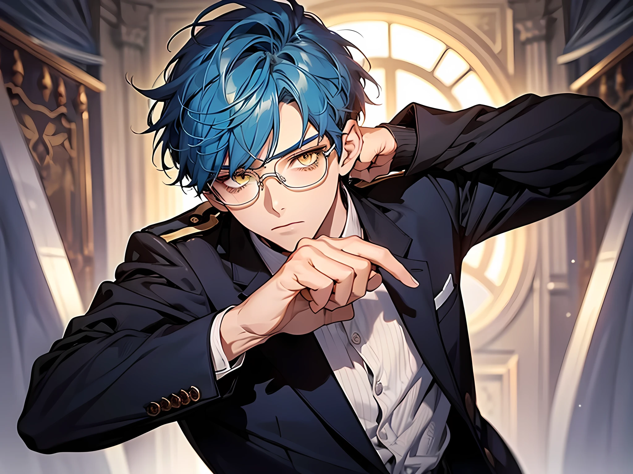 ((1 boy)), 1 person, 18 years old, wearing uniform, punch pose, blue hair, short hair, yellow eyes, detailed eyes, extremely detaild eyes, detailed face, intimitating facial, background in class, wearing glasses, detailed pose, half body