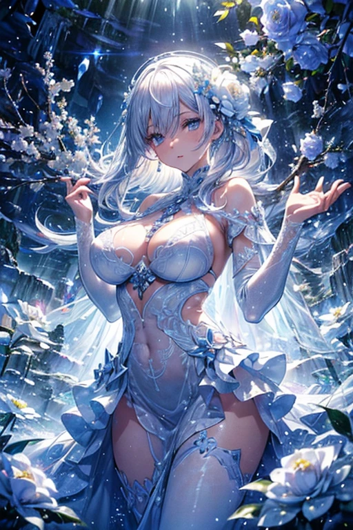 (Heavenly Paradise), White lighting,(Mastepiece), (Best Quality), (Cinematic), 8K, (Art Station),(長いWhite HairとSilver Eyesを持つ1人の女), (Beautiful delicate face)、[Frozen Tree々], [Landscape Crystal], [lighting], [Ethereal atmosphere:1.1], [Fantasy, Short stories] ,[soft なlighting] 、(+Cinematic shot:1.2)、 [+Art Station] 、[+Glowing white background] 、 [Soft Glow] 、(Creative and dynamic angles:1.3), [+Crystal Toning] 、Mastepiece, Very detailed, Super detailed, Solo, (Light skin), Silver Eyes, White Hair, (Snow Background), (Snowflake Rose Flower:1.0), (Shining Crystal), (Snow covered ground), (White eyelashes), Sexy Woman、Dreamy details, A glamorous setting, 妖しい雰囲気 Mastepiece, The most beautiful scene, Majestic、(((Lots of white flowers:1.0)))、Quiet and peaceful atmosphere、attractive, All white tones,Inside the Crystal Library,Transparent flowers and falling snow，Many white roses are planted,(water flowing,waterfall,Water Bloom),The decoration is also carefully done.,dream（Very detailedです，Creative Design，Crisp and precise lines，K HD，Best Quality，Masterpiece，超High resolution，4K）、Various poses、((Beautiful white flower hair ornament))、Beautiful hairstyle、(Best Quality, 4K, 8K, High resolution, Mastepiece:1.2), Super detailed, Detailed Expression, Graceful Posture, Expressiveなブラシストローク, Mysterious atmosphere, Artistic interpretation,Delicate Floral Jewelry， (((Detailed design、A beautiful, thin, transparent dress、A sheer mini dress that lets your skin show)))、(SFW:1.5), (Oversized breasts, Best body proportions, Large Breast Proportions:1.5)、Expressive
