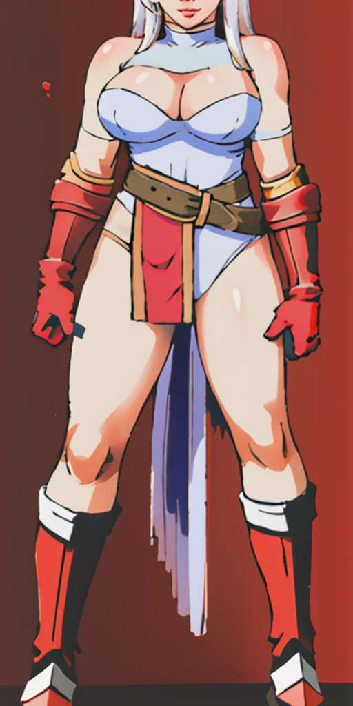 (masterpiece, best quality, 4k, 1girlsolo, 1MILF, mmplatz, smile, red cheeks, plain background:1.2) perfect face, perfect lighting, mature whsororitas with gloves red gauntlets in her hands like Cammy White from Street Fighter, bob white hair, warhammer 40k power armor suit with loincloth, red eyes like rubies, full body RED armor, view from below, looking to the viewer, arms to the sides empty hands, RED military boots, silver skull ornament attached to crossing 2 belt wide hips, 2 long legs