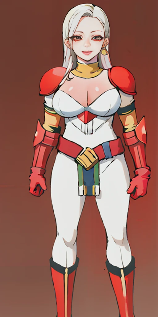 (masterpiece, best quality, 4k, 1girlsolo, 1MILF, mmplatz, smile, red cheeks, plain background:1.2) perfect face, perfect lighting, mature whsororitas with gloves red gauntlets in her hands like Cammy White from Street Fighter, bob white hair, warhammer 40k power armor suit with loincloth, red eyes like rubies, full body RED armor, view from below, looking to the viewer, arms to the sides empty hands, RED military boots, silver skull ornament attached to crossing 2 belt wide hips, 2 long legs