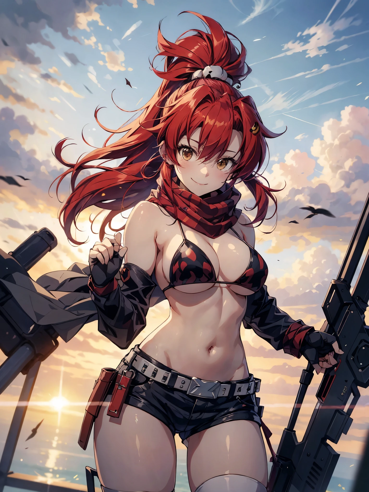 masterpiece, best quality, highres, yl1, ponytail, scarf, bikini top only, short shorts, midriff, belt, fingerless gloves, skull hair ornament, elbow gloves, pink thighhighs,  Yoko Littner, cowboy shot, moor, smile, dynamic pose, from above, sunset,  mecha