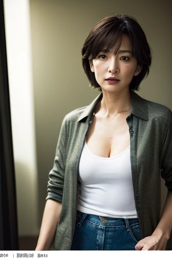 (8k, Realistic:1.4, RAW Photos, Best image quality: 1.4), 60-year-old Japanese woman, Cleavage:1.4, Chest to chest, Sporty short hair, Wearing a casual jacket, Shoulder out, Dark Room, sleepy