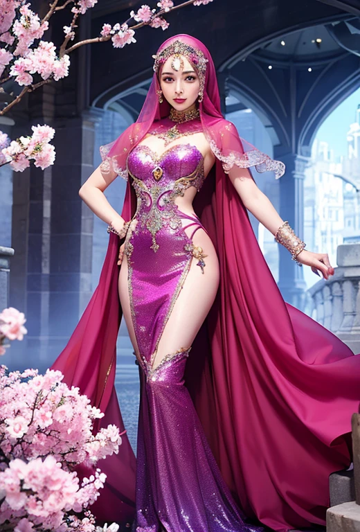 a hijab goddess in magical fantasy hijab dress, captivating pose, cherrys blossom, real skin texture, 