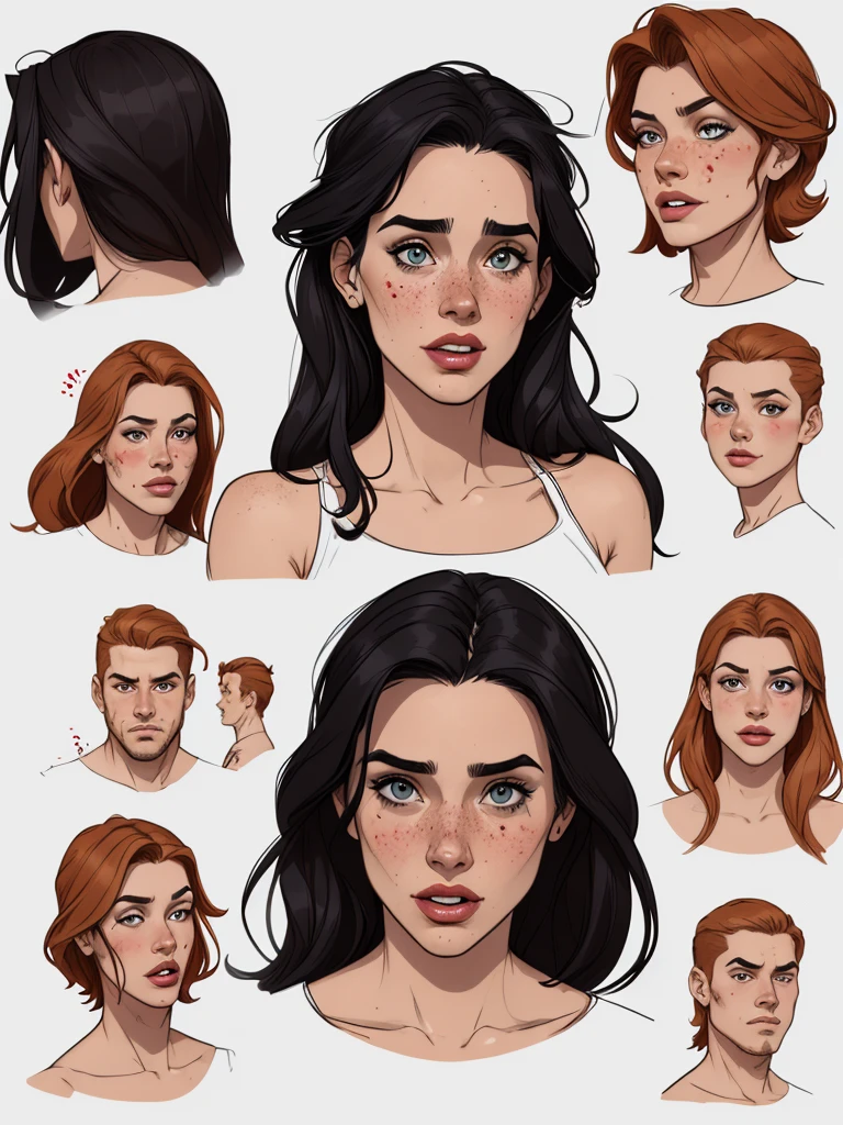 Character style illustration style Completely bare breasts showing a little fear Breast size Cartoon name: Isabella Cruz white background medium breasts freckled face Jennifer Connelly actress strong contours Physical description - long straight hair, tingidos de um marrom vibrante que contrasta com sua pele clara. - You reflect a mix of curiosity and determination. - Ela tem uma estatura alta, with a slender and agile figure, evidenciando sua agilidade e destreza. -fundo colorido Design de personagens de retrato, beautiful digital illustration, retrato de alta qualidade, Arte em quadrinhos, Corpo inteiro sensualizando ou pelada. folha de retorno. return sheet clothes of the day hellish day expression of hate and blood on the face