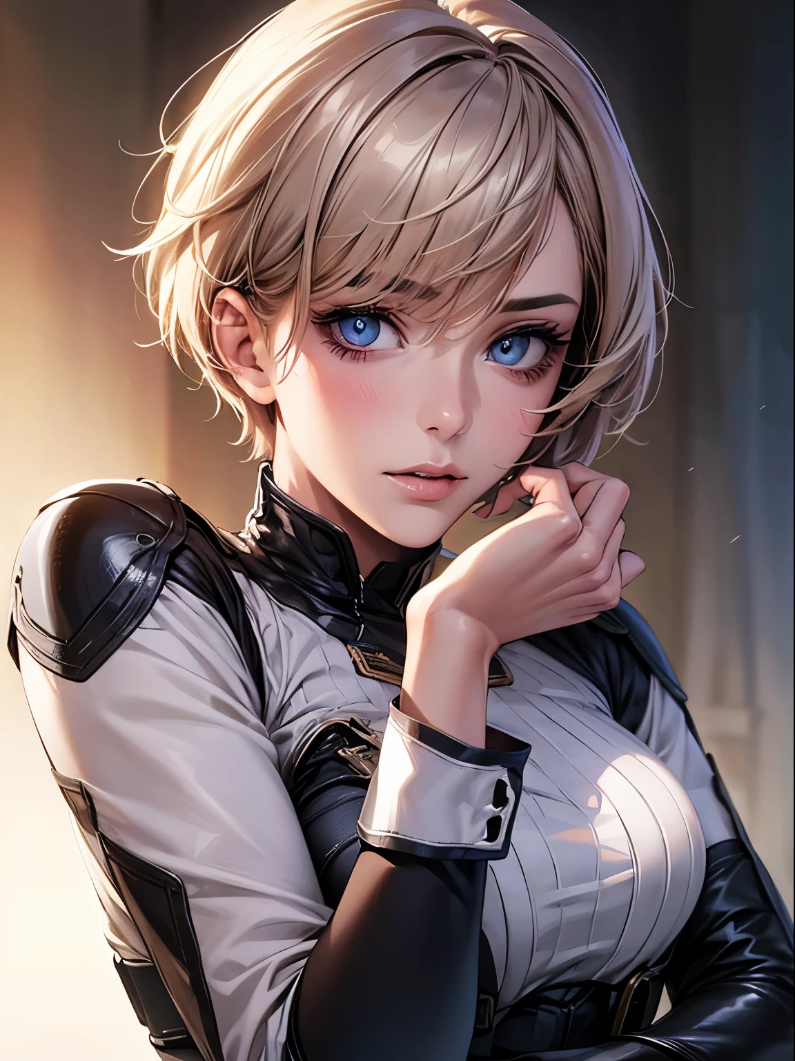 highest quality, Ultra-high resolution, (Realistic: 1.4), beautiful Eyes, Super beautiful, Very short hair, beautiful, beautiful Soldier, Eyes that beckon, Mistress&#39;s point of view, Attractive look, Sexy smile, Perfect Style, Perfect balance, Detailed skin, Mischievous Gaze