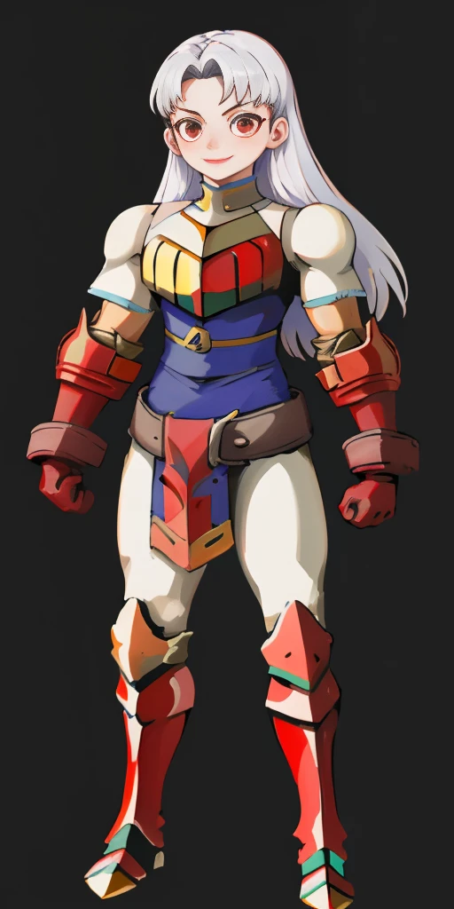 (masterpiece, best quality, 4k, 1girlsolo, 1MILF, mmplatz, smile, red cheeks, plain background:1.2) perfect face, perfect lighting, mature whsororitas with gloves red gauntlets in her hands like Cammy White from Street Fighter, bob white hair, warhammer 40k power armor suit with loincloth, red eyes like rubies, full body RED armor, view from below, looking to the viewer, arms to the sides empty hands, RED military boots, silver skull ornament attached to crossing 2 belt wide hips, 2 long legs