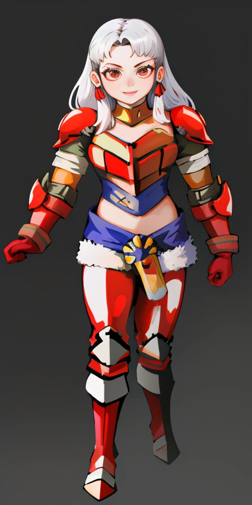 (masterpiece, best quality, 4k, 1girlsolo, 1MILF, mmplatz, smile, red cheeks, plain background:1.2) perfect face, perfect lighting, mature whsororitas with gloves red gauntlets in her hands like Cammy White from Street Fighter, bob white hair, warhammer 40k power armor suit with loincloth, red eyes like rubies, full body RED armor, view from below, looking to the viewer, arms to the sides empty hands, RED military boots, silver skull ornament attached to crossing 2 belt wide hips, 2 long legs