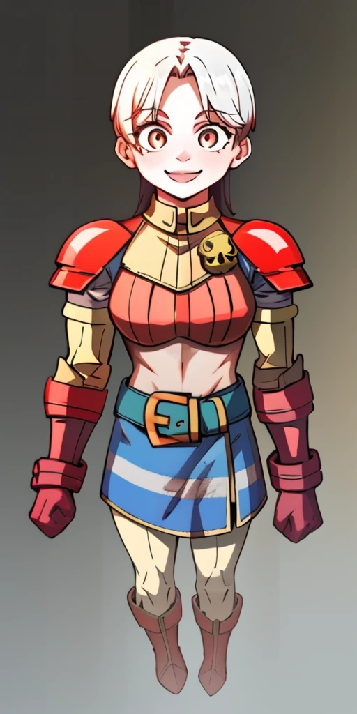 (masterpiece, best quality, 4k, 1girlsolo, 1MILF, mmplatz, smile, red cheeks, plain background:1.2) perfect face, perfect lighting, mature whsororitas with gloves red gauntlets in her hands like Cammy White from Street Fighter, bob white hair, warhammer 40k power armor suit with loincloth, red eyes like rubies, full body RED armor, view from below, looking to the viewer, arms to the sides empty hands, RED military boots, silver skull ornament attached to crossing 2 belt wide hips, 2 long legs